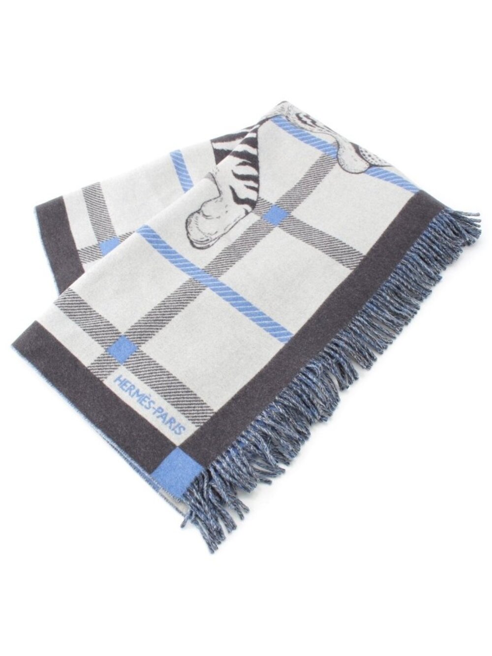 Hermes Tigre Altai 2 Wool Cashmere Plaid Jacquard Tiger Liga Blue